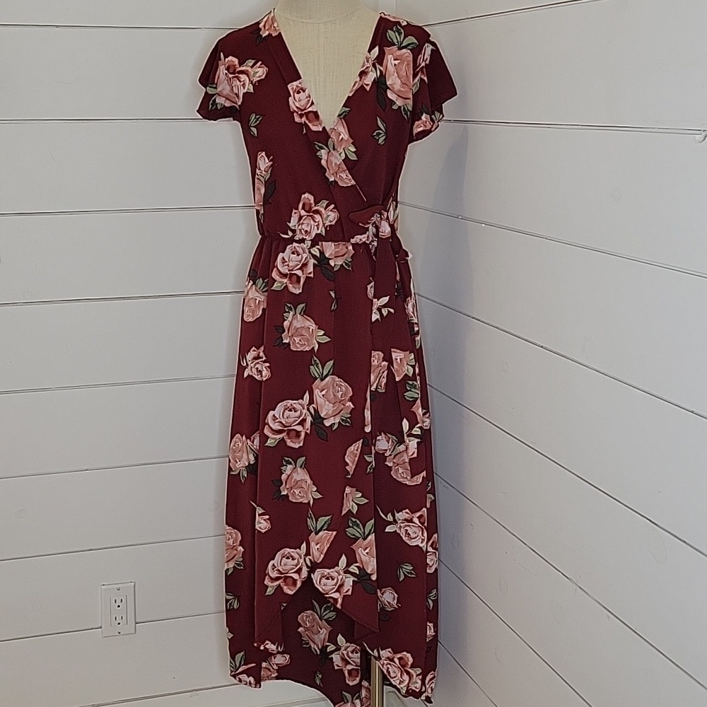 Scobe small maxi faux wrap floral dress burgundy